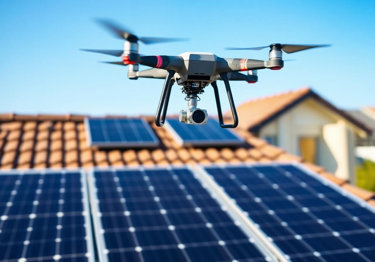 Inspektionsdrohne über einer Photovoltaikanlage