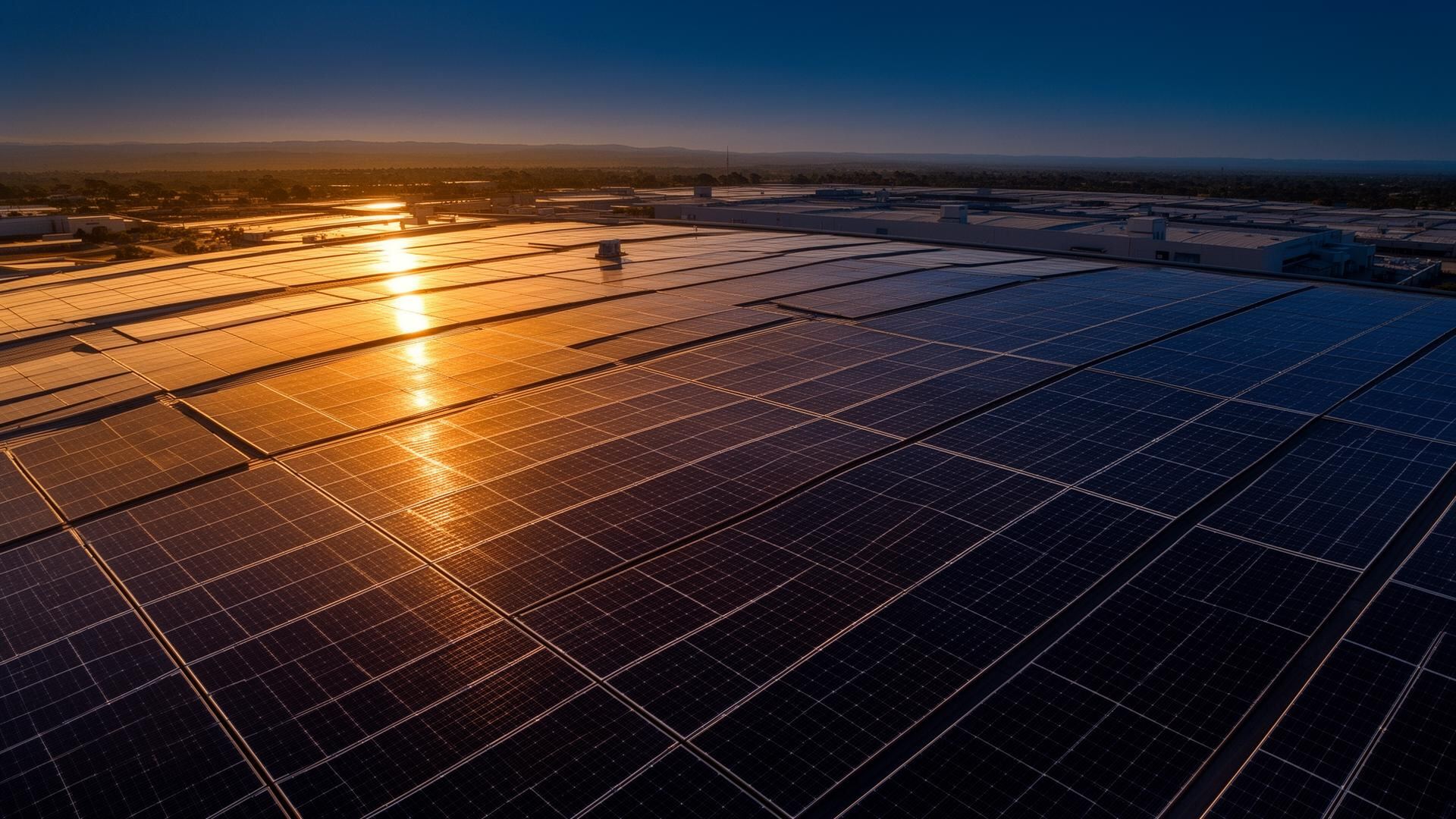 Photovoltaikanlage aus der Vogelperspektive im Sonnenuntergang